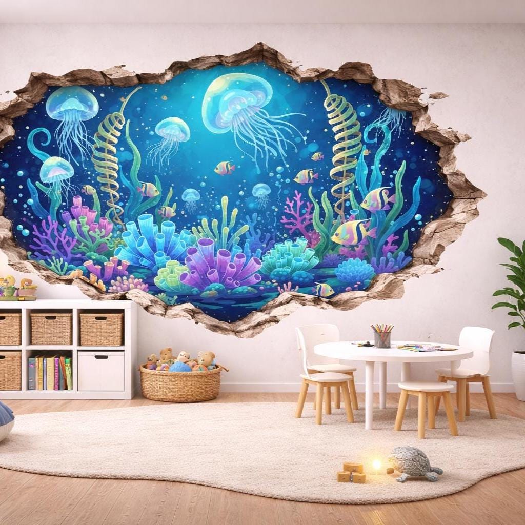 3D Underwater Wall Vinyl Decal displayed in a room setting.