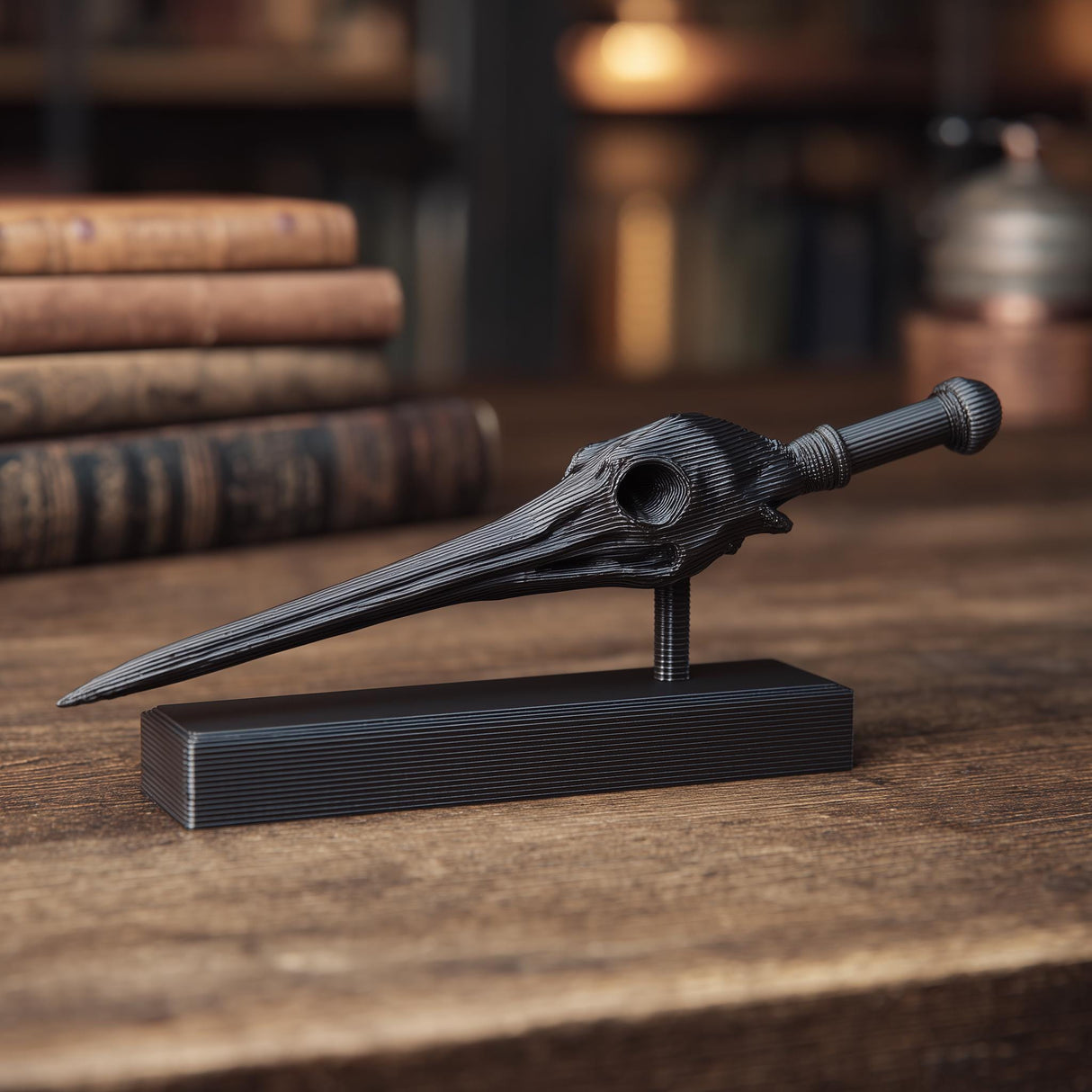 3D printed raven skull magic wand Design 1 with long beak and display stand