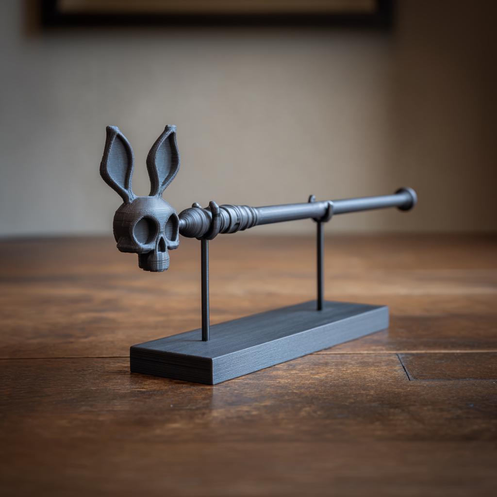 Product gallery view of 3D Printed Rabbit Skull Magic Wand with Stand.