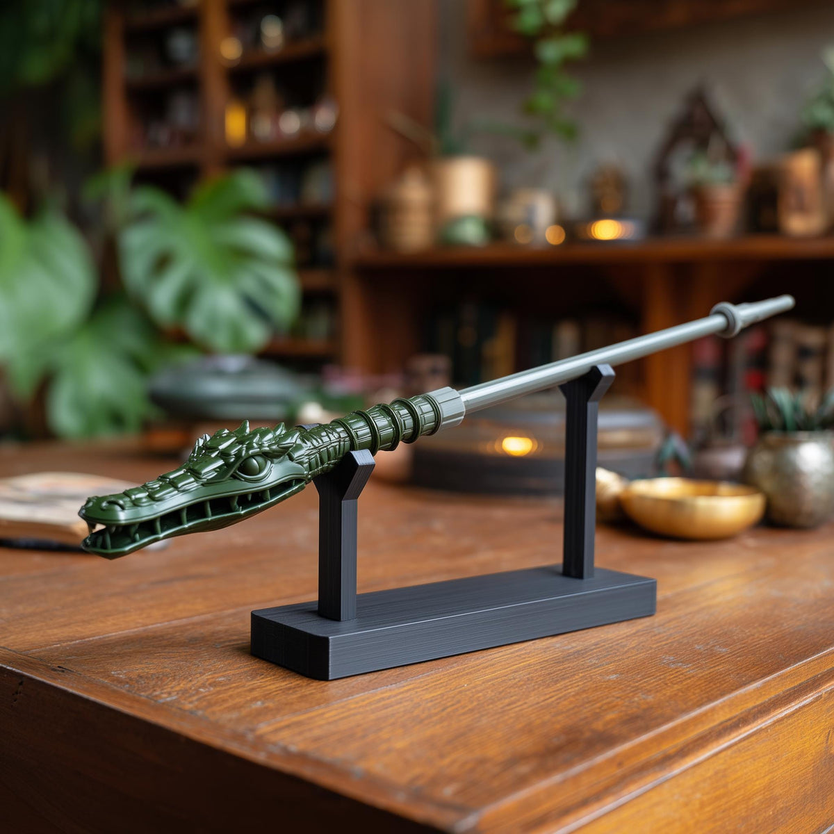 3D printed dragon crocodile magic wand with display stand on a wooden desk in a warm fantasy-inspired interior setting.