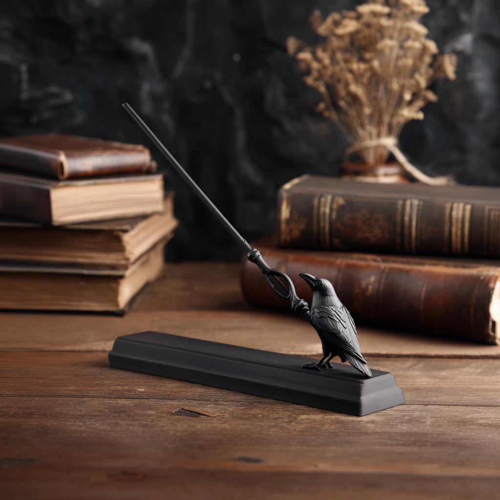 Product gallery view of 3D Printed Raven Magic Wand with Display Stand.