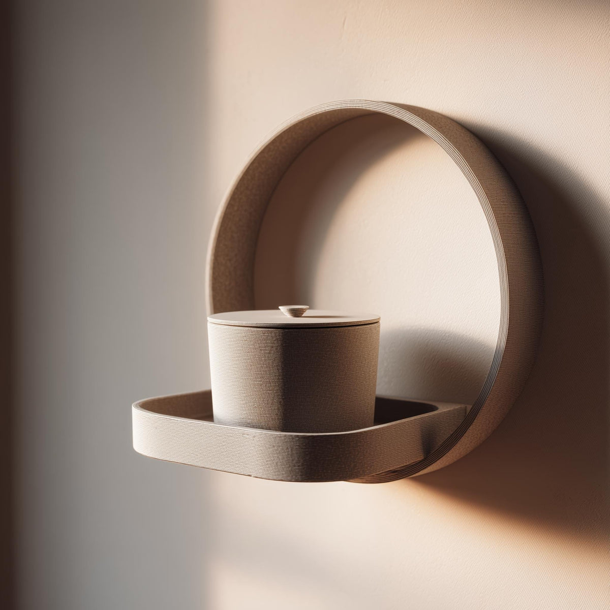 3D printed circular memorial wall shelf with matching cylindrical urn