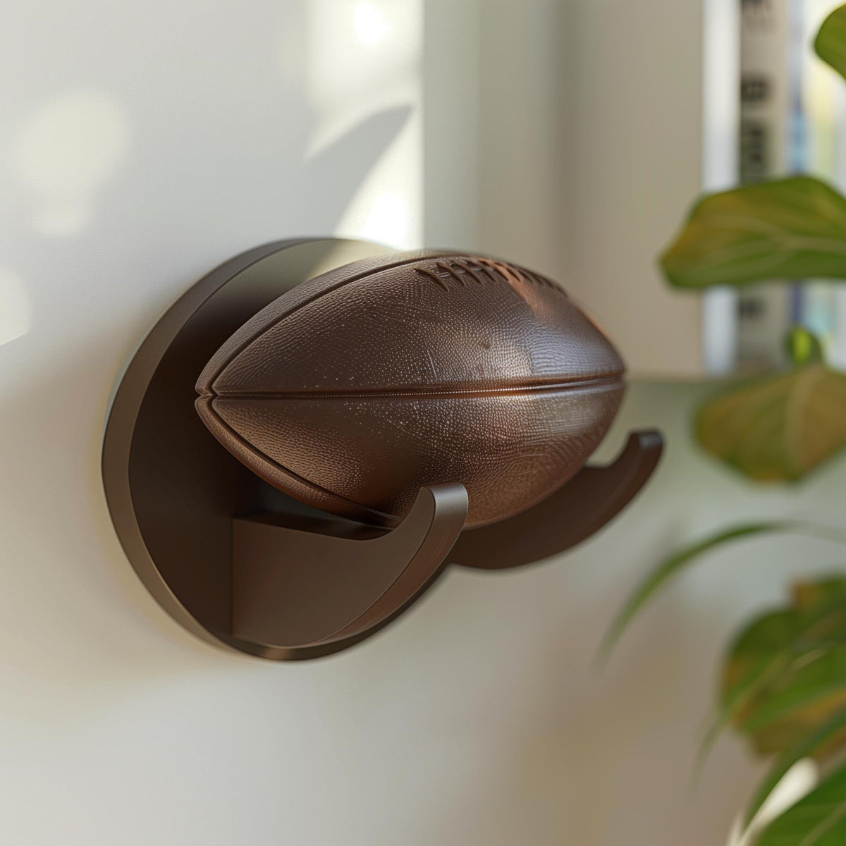 3D printed decorative football displayed on a matching curved wall mount