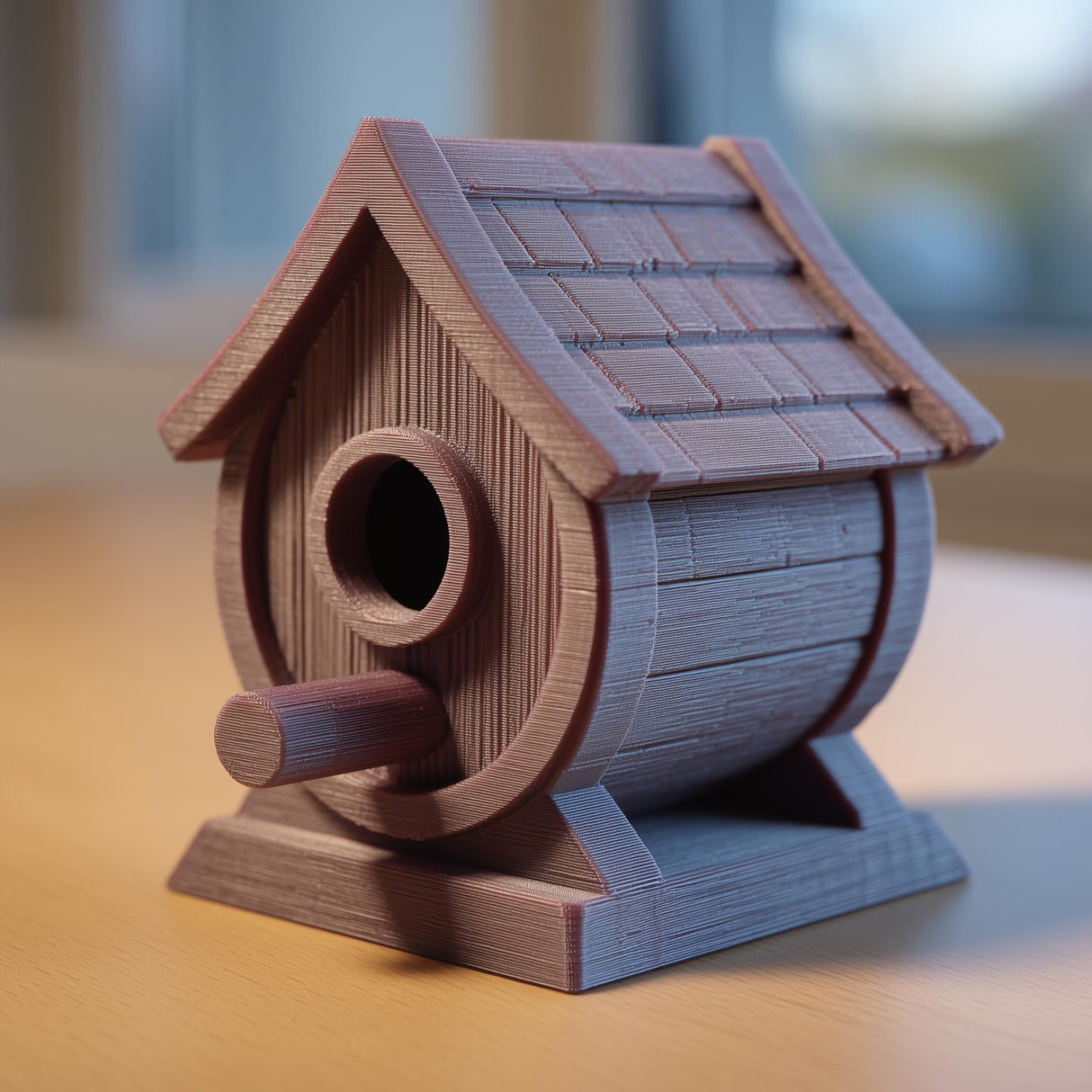 3D printed rustic birdhouse ornament with textured roof and small perch