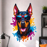 Pop art Doberman head wall vinyl decal with red sunglasses and colorful paint splashes in blue and orange.