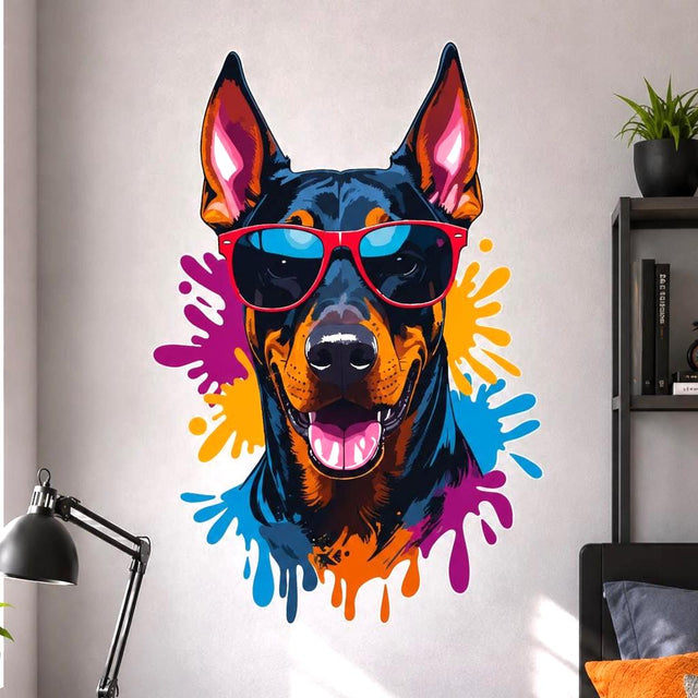 Pop art Doberman head wall vinyl decal with red sunglasses and colorful paint splashes in blue and orange.
