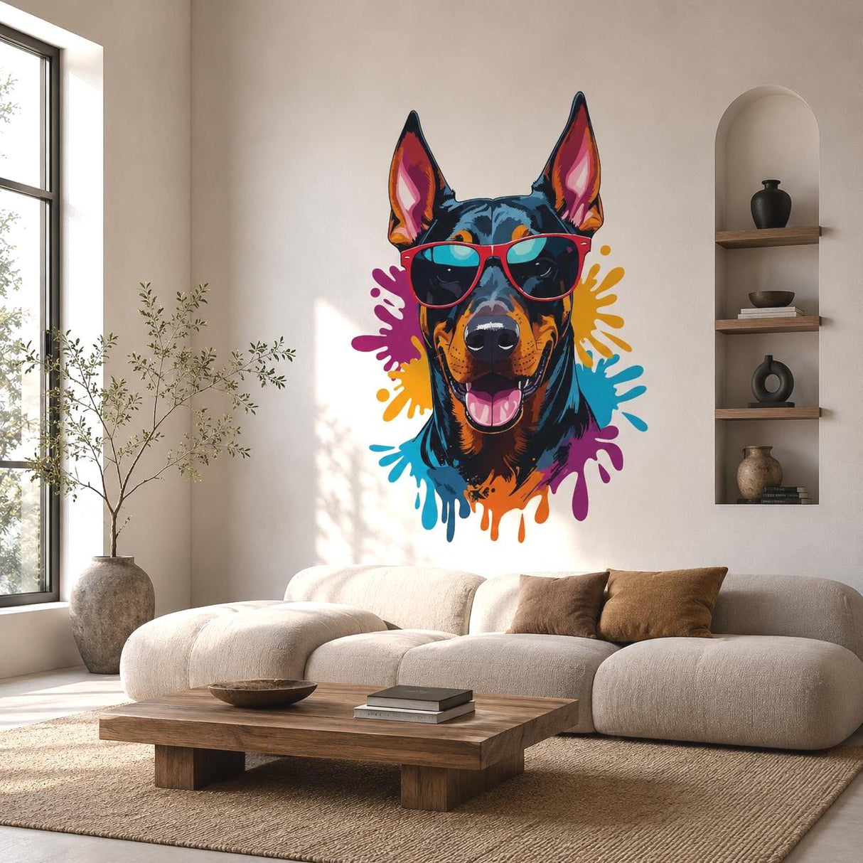 Cool Doberman Wall Vinyl Decal displayed in a room setting.