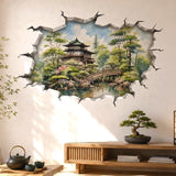 3D broken wall vinyl decal showing a watercolor Japanese garden with a pagoda, arched bridge and trees.
