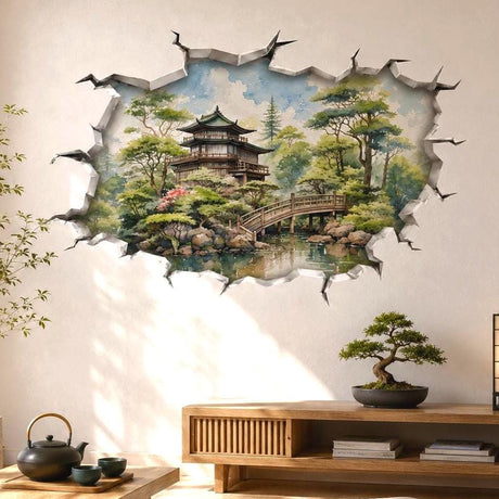3D broken wall vinyl decal showing a watercolor Japanese garden with a pagoda, arched bridge and trees.