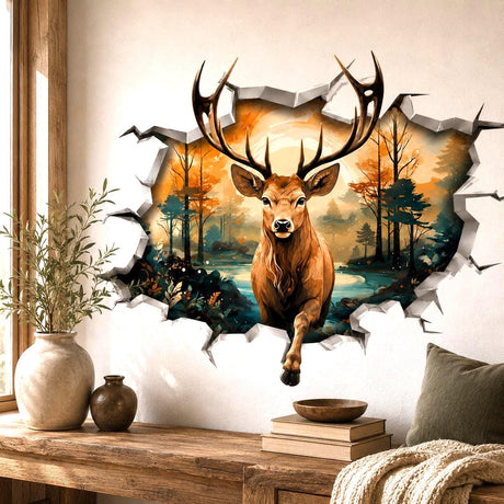 3D broken wall vinyl decal showing a stag with large antlers stepping out of a forest landscape with warm autumn colors.