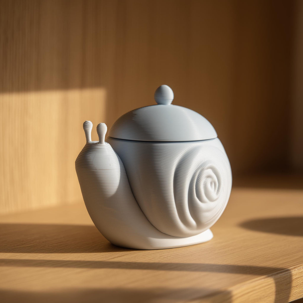 3D printed snail-shaped memorial urn with removable lid in matte PLA displayed on a wooden shelf with warm natural lighting.
