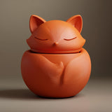 3D printed fox-shaped memorial urn with removable lid in matte PLA displayed in warm natural lighting on a modern shelf.