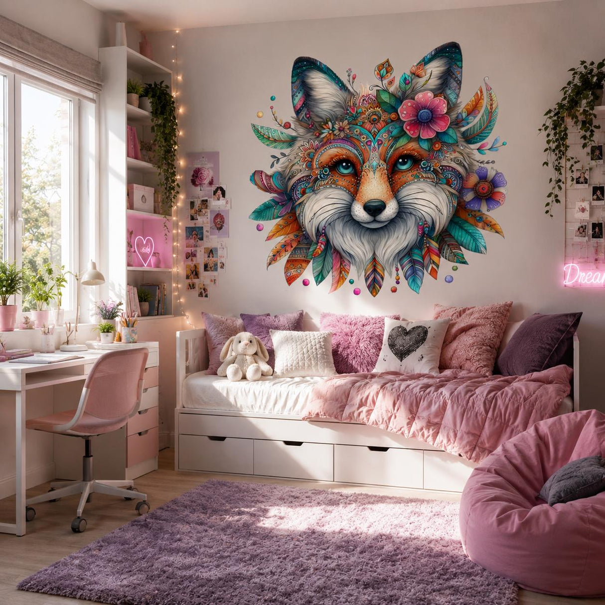Boho Fox Wall Vinyl Decal | Colorful Mandala Animal Face Sticker | Woodland Nursery Wall Art | Tribal Feathers Floral Decor