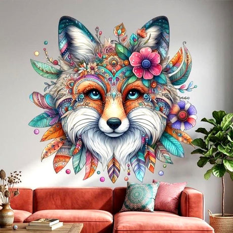 Colorful boho fox face wall vinyl decal with mandala-style patterns, feathers, and floral accents in bright teal and pink.