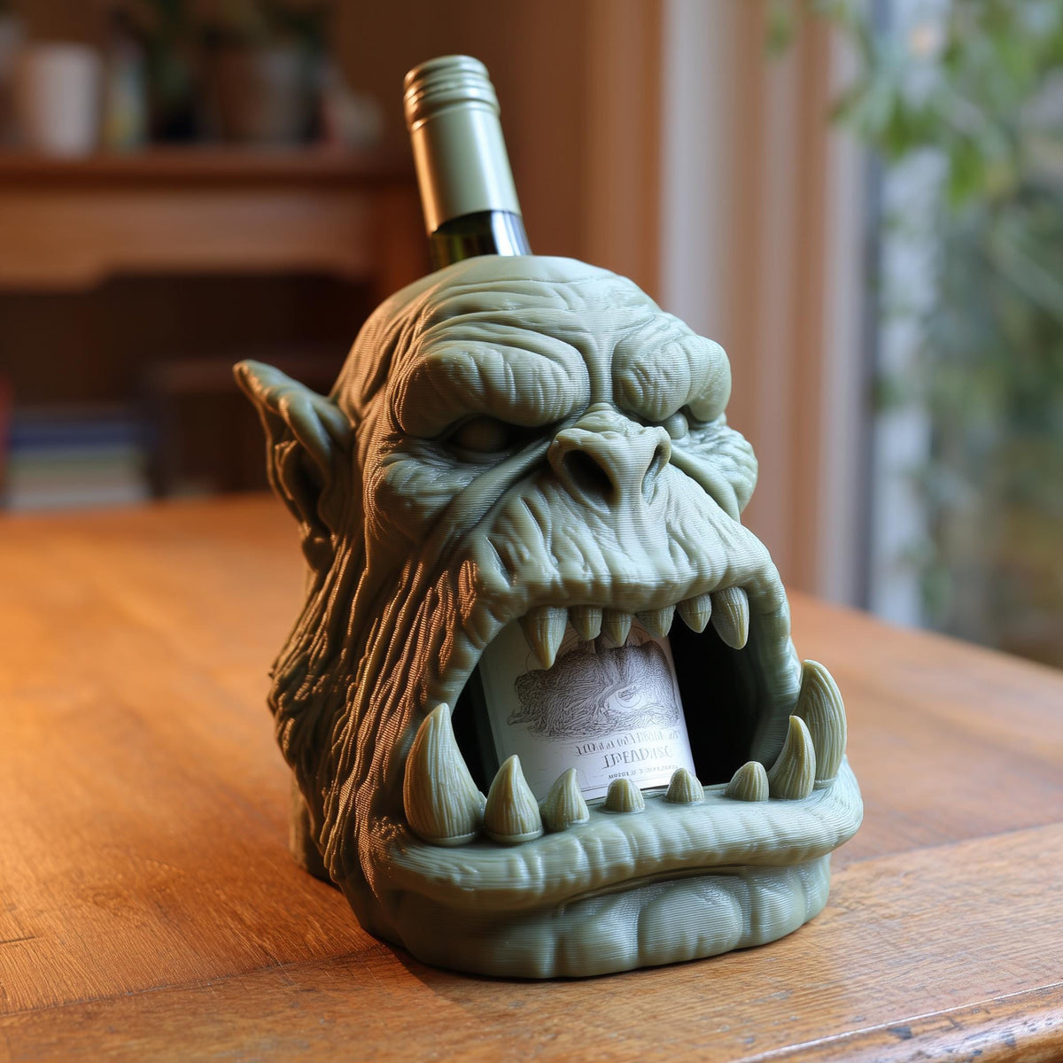 3D printed fantasy character wine bottle holder displayed with a bottle.