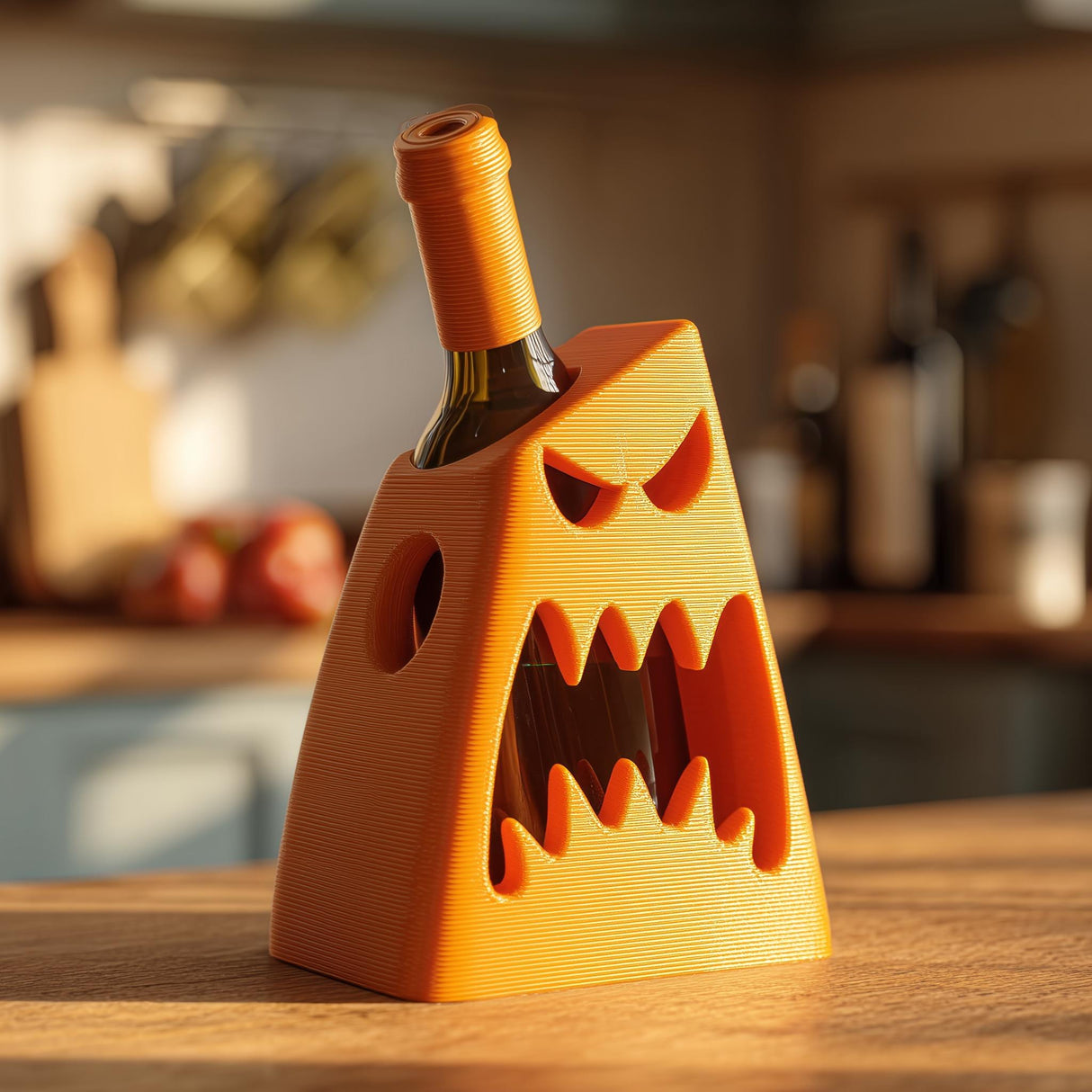 3D printed angular monster wine bottle holder with faceted face and open mouth