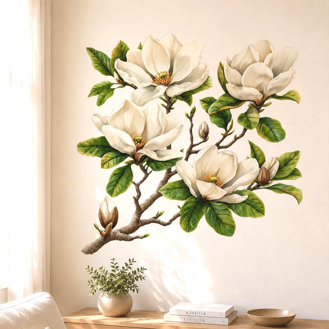 Watercolor-style wall vinyl decal of a magnolia branch with creamy white magnolia flowers and green leaves.