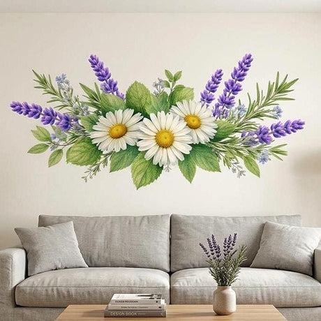 Watercolor floral wall vinyl decal with three white daisies and lavender sprigs.