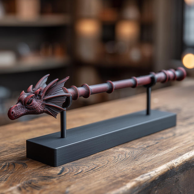 3D printed fantasy magic wand with dragon head handle and black display stand on a wooden table in warm ambient lighting.