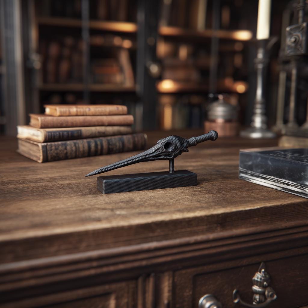 Alternate product view of 3D Printed Raven Skull Magic Wand with Stand.