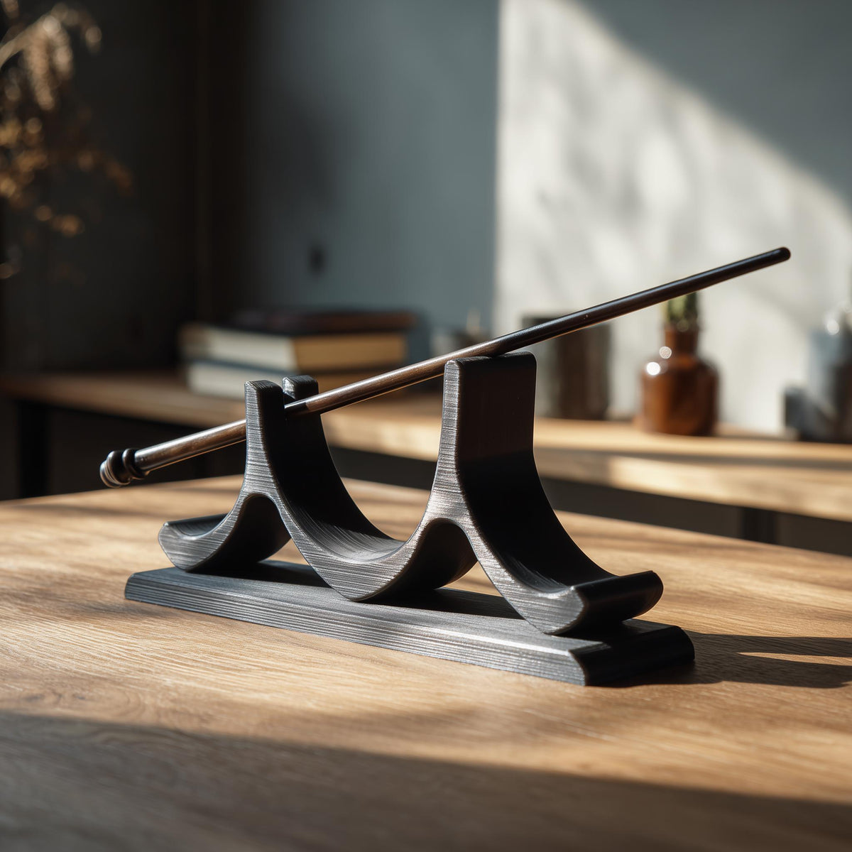 3D printed minimalist magic wand with clean sculptural profile and matching display stand