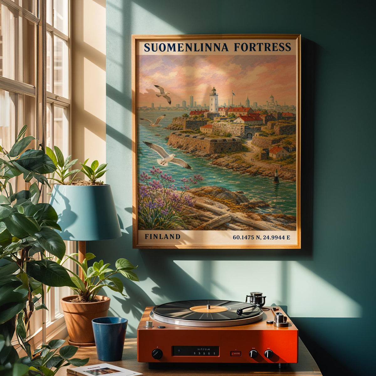 Suomenlinna Fortress Art Print - Modern Gouache, Teal and Turquoise Seascape.