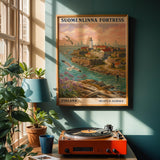 Suomenlinna Fortress Art Print - Modern Gouache, Teal and Turquoise Seascape.