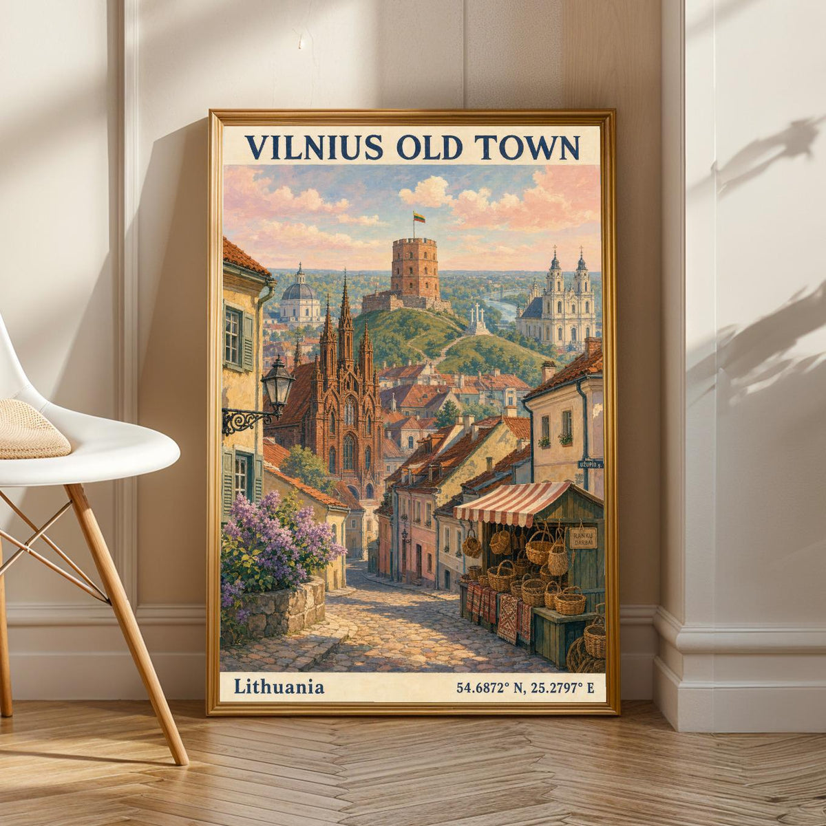 Vilnius Old Town Art Print - Modern Gouache-Vintage, Navy Blue and Terracotta Orange