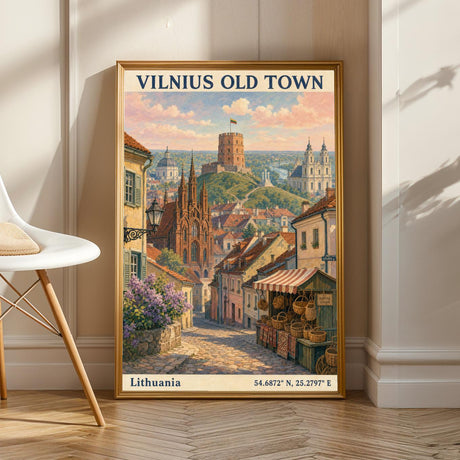 Vilnius Old Town Art Print - Modern Gouache-Vintage, Navy Blue and Terracotta Orange