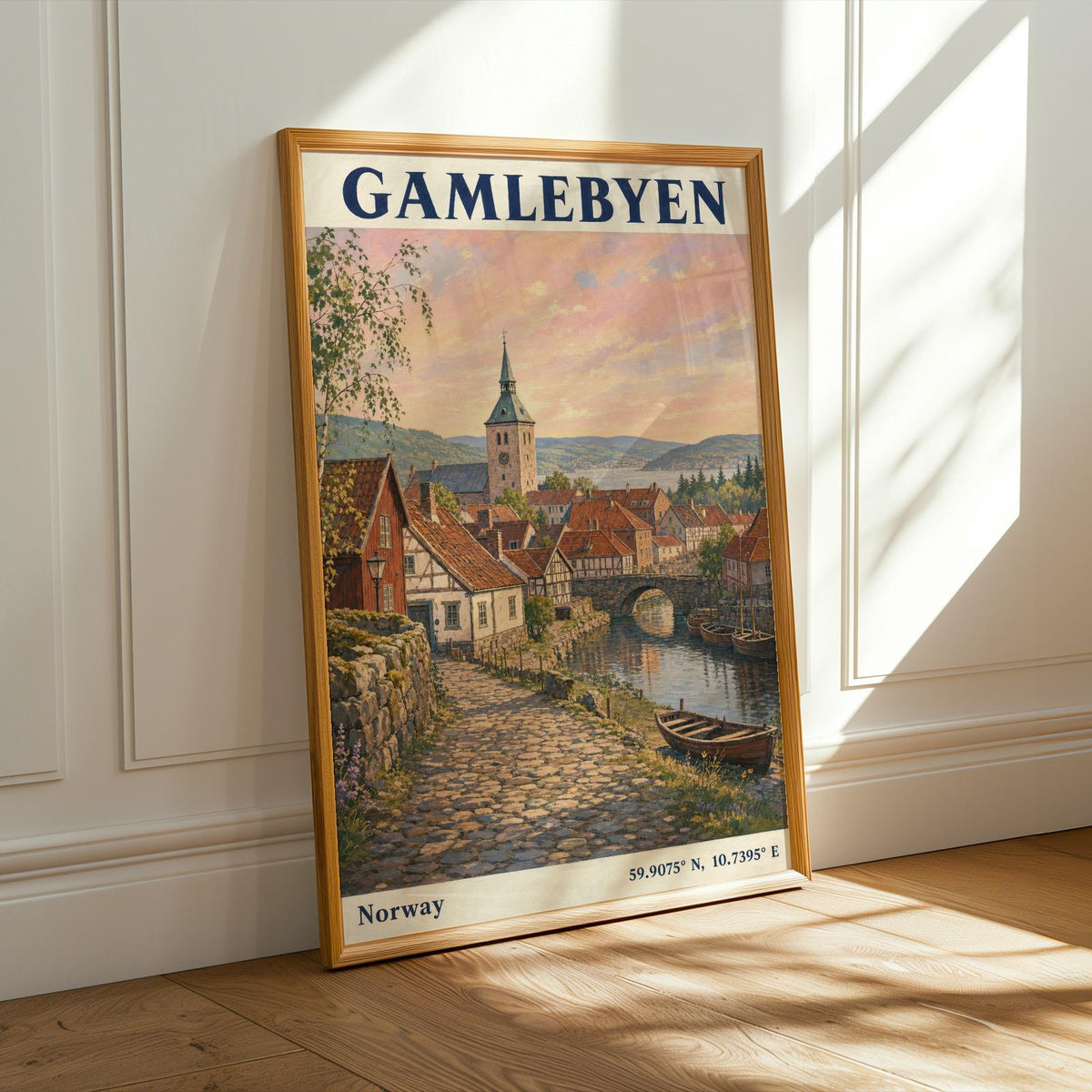 Alternate product presentation of Gamlebyen Oslo Travel Poster.