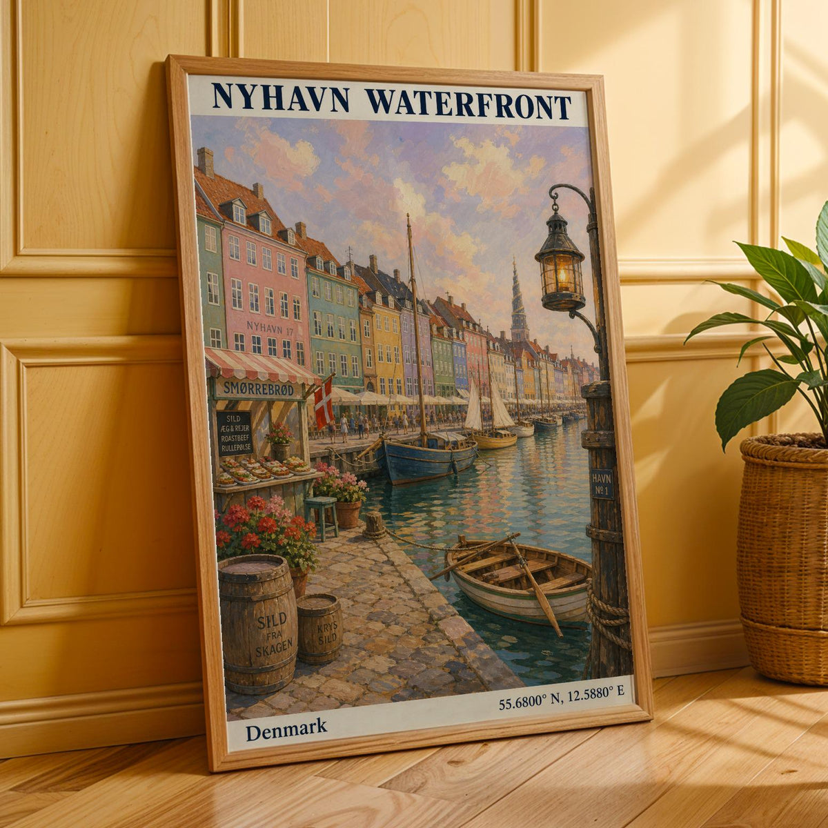 Alternate product presentation of Nyhavn Copenhagen Travel Poster.