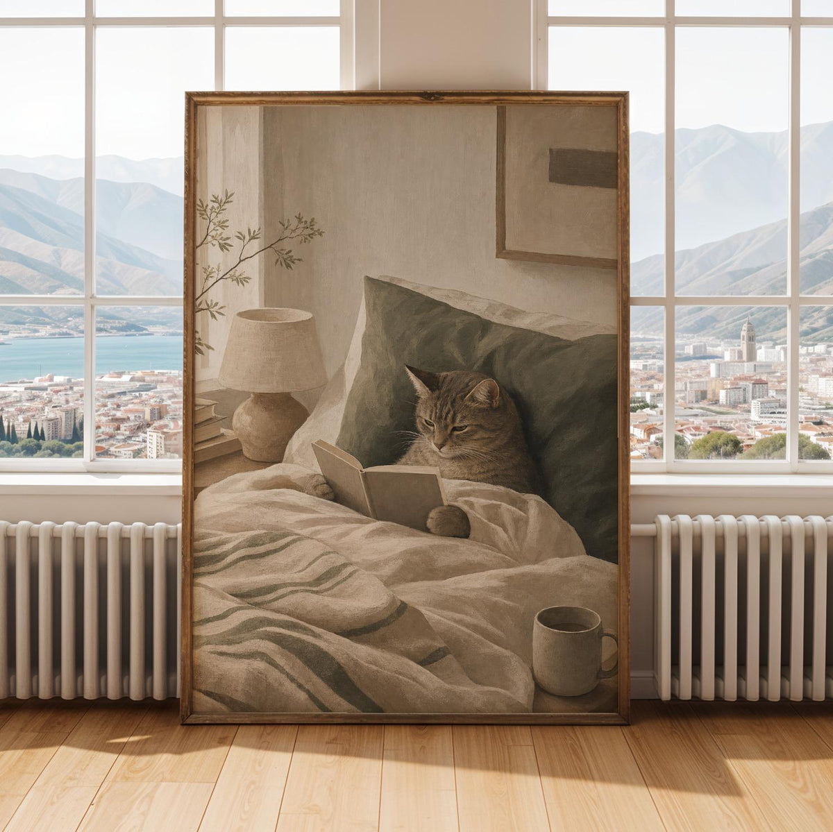 Alternate gallery view of Scandinavian Cat Reading in Bed Poster.