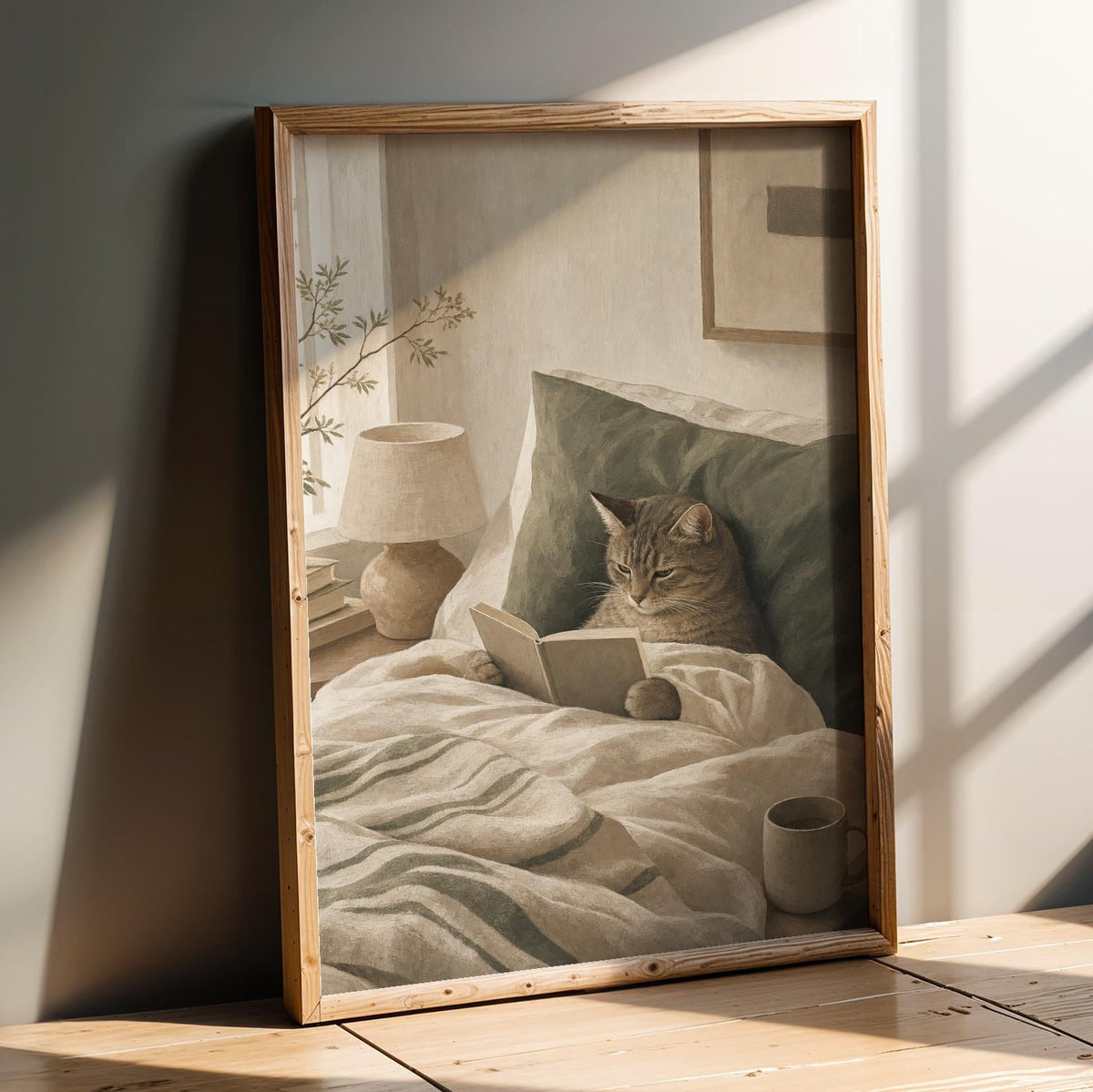 Product presentation view of Scandinavian Cat Reading in Bed Poster.