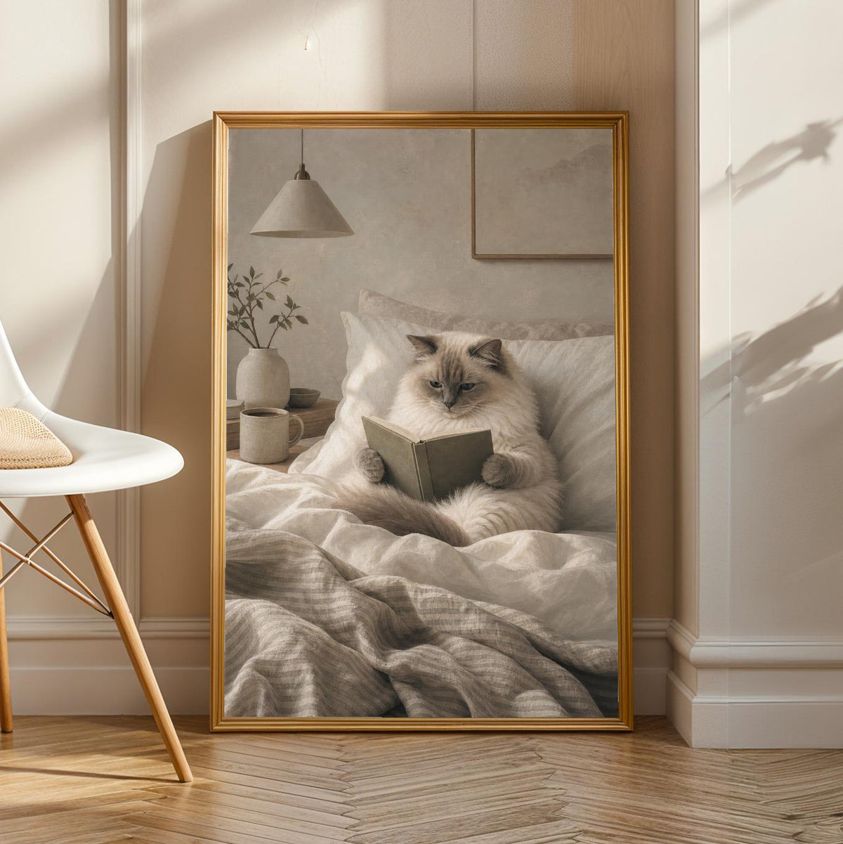 Product view of Ragdoll Cat Reading in Bed Poster.