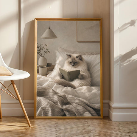 Product view of Ragdoll Cat Reading in Bed Poster.
