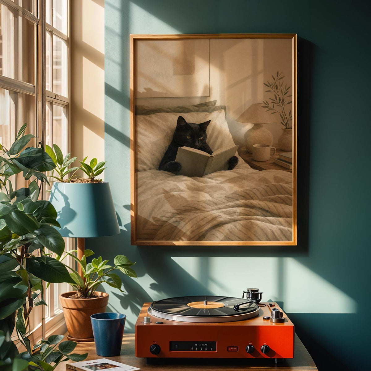 Alternate product view of Black Cat Reading in Bed Poster.