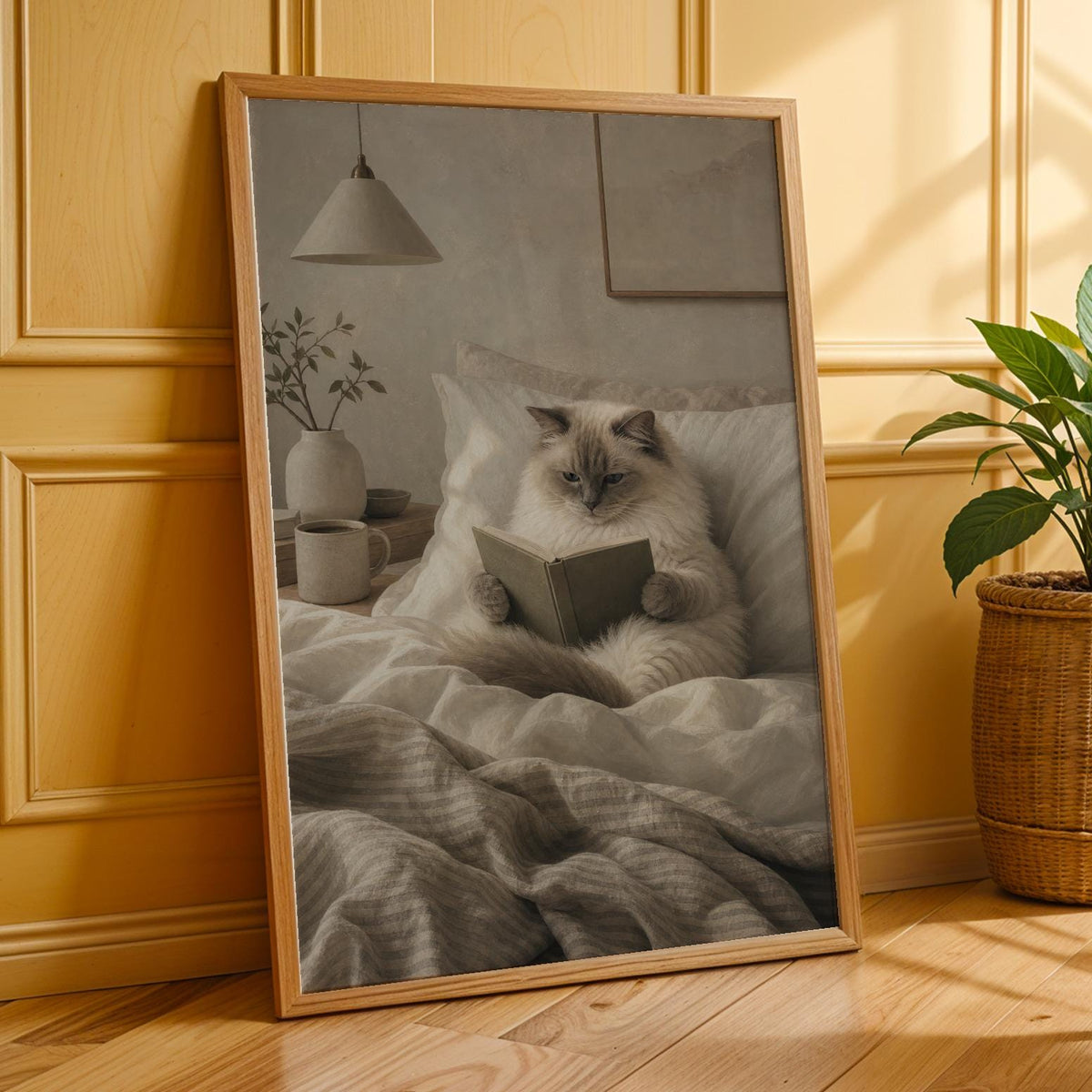 Additional product presentation of Ragdoll Cat Reading in Bed Poster.