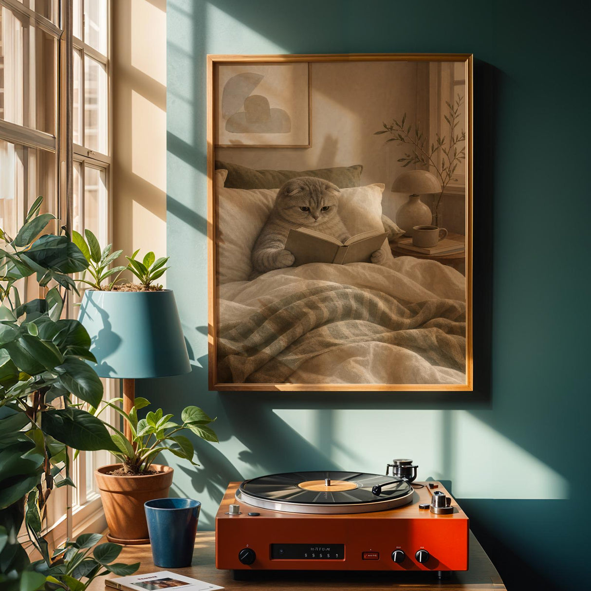Alternate product view of Scottish Fold Cat Reading in Bed Poster.