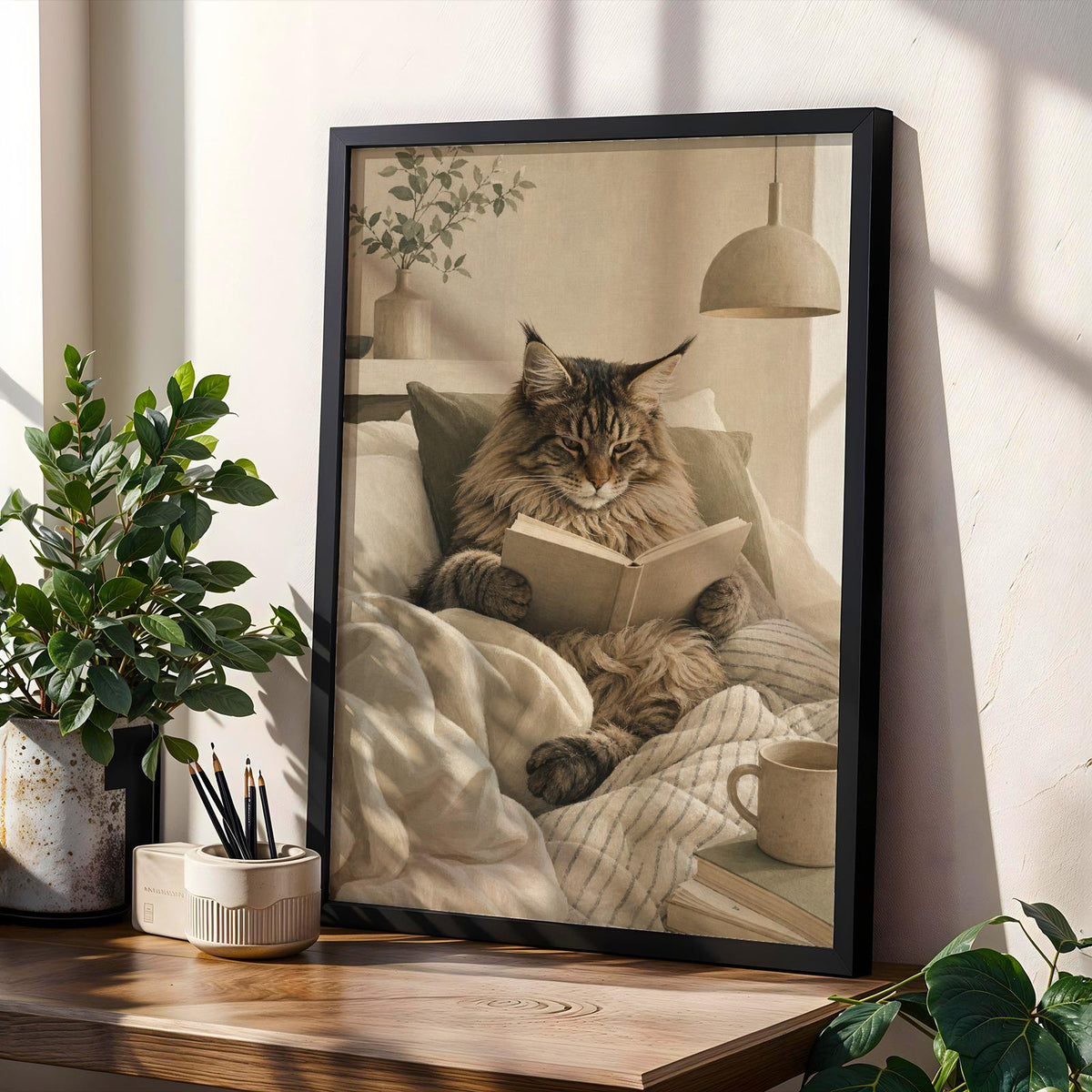 Product gallery view of Maine Coon Cat Reading in Bed Poster.