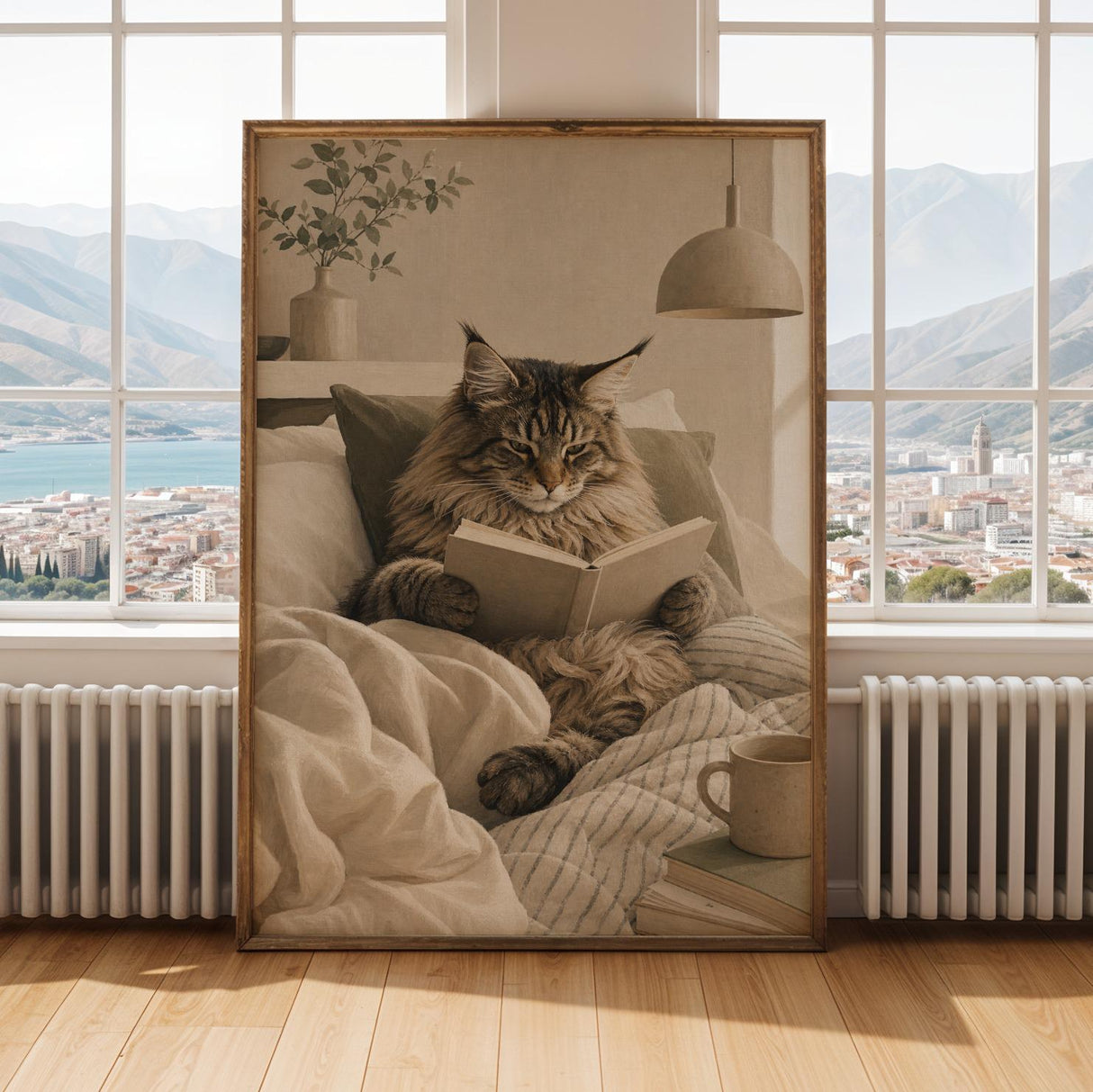 Alternate gallery view of Maine Coon Cat Reading in Bed Poster.