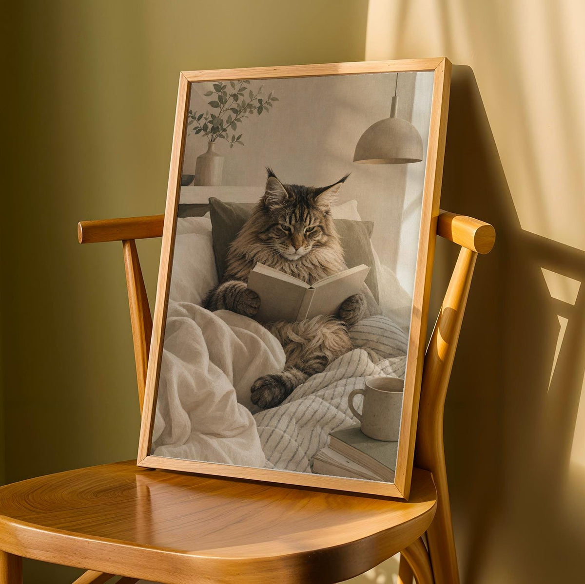 Product detail view of Maine Coon Cat Reading in Bed Poster.