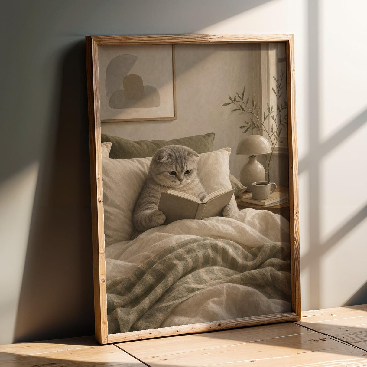 Product presentation view of Scottish Fold Cat Reading in Bed Poster.