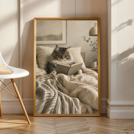 Product view of Norwegian Forest Cat Reading in Bed Poster.