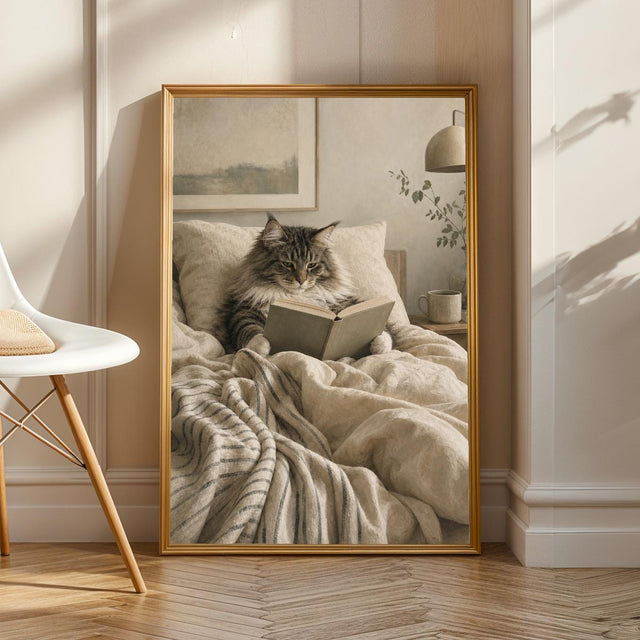Product view of Norwegian Forest Cat Reading in Bed Poster.