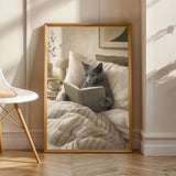 Product view of Russian Blue Cat Reading in Bed Poster.