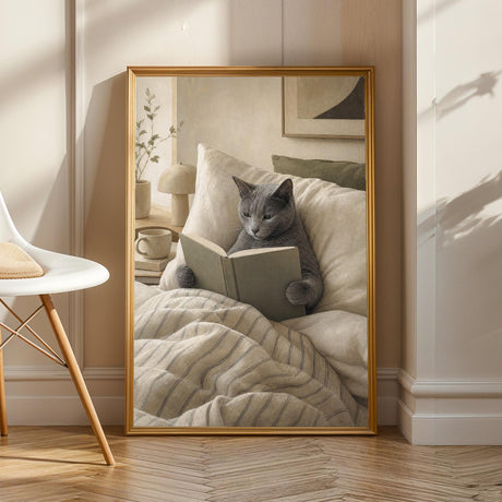 Product view of Russian Blue Cat Reading in Bed Poster.