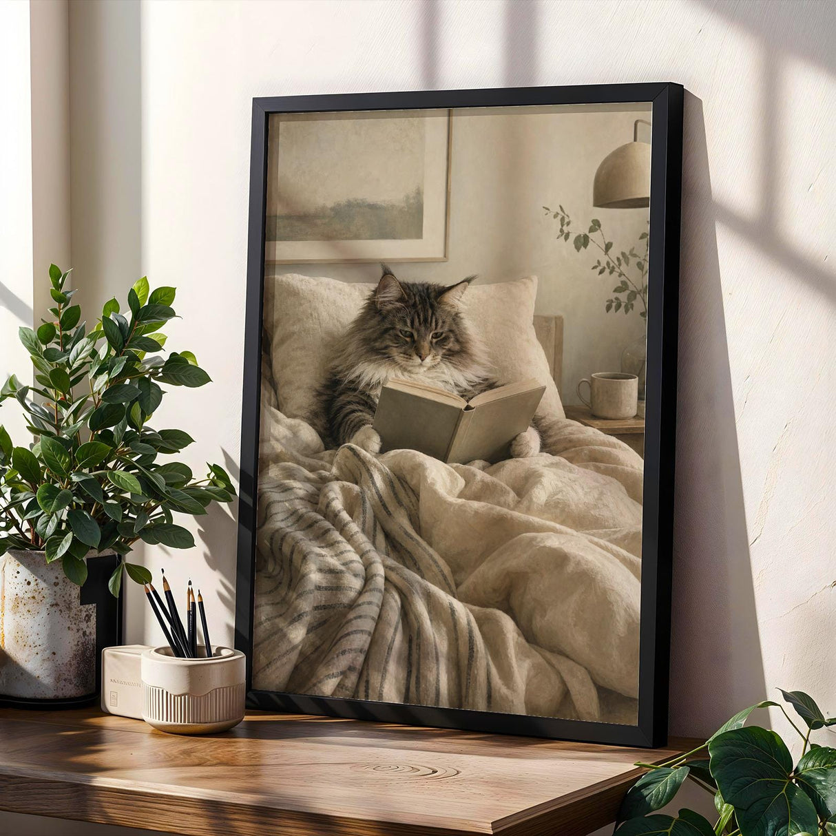 Product gallery view of Norwegian Forest Cat Reading in Bed Poster.