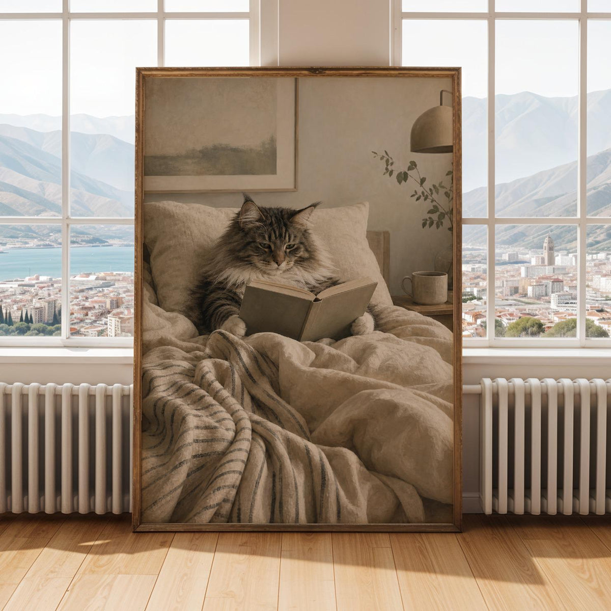 Alternate gallery view of Norwegian Forest Cat Reading in Bed Poster.