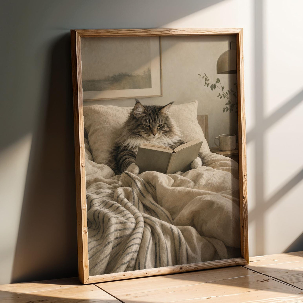 Product presentation view of Norwegian Forest Cat Reading in Bed Poster.