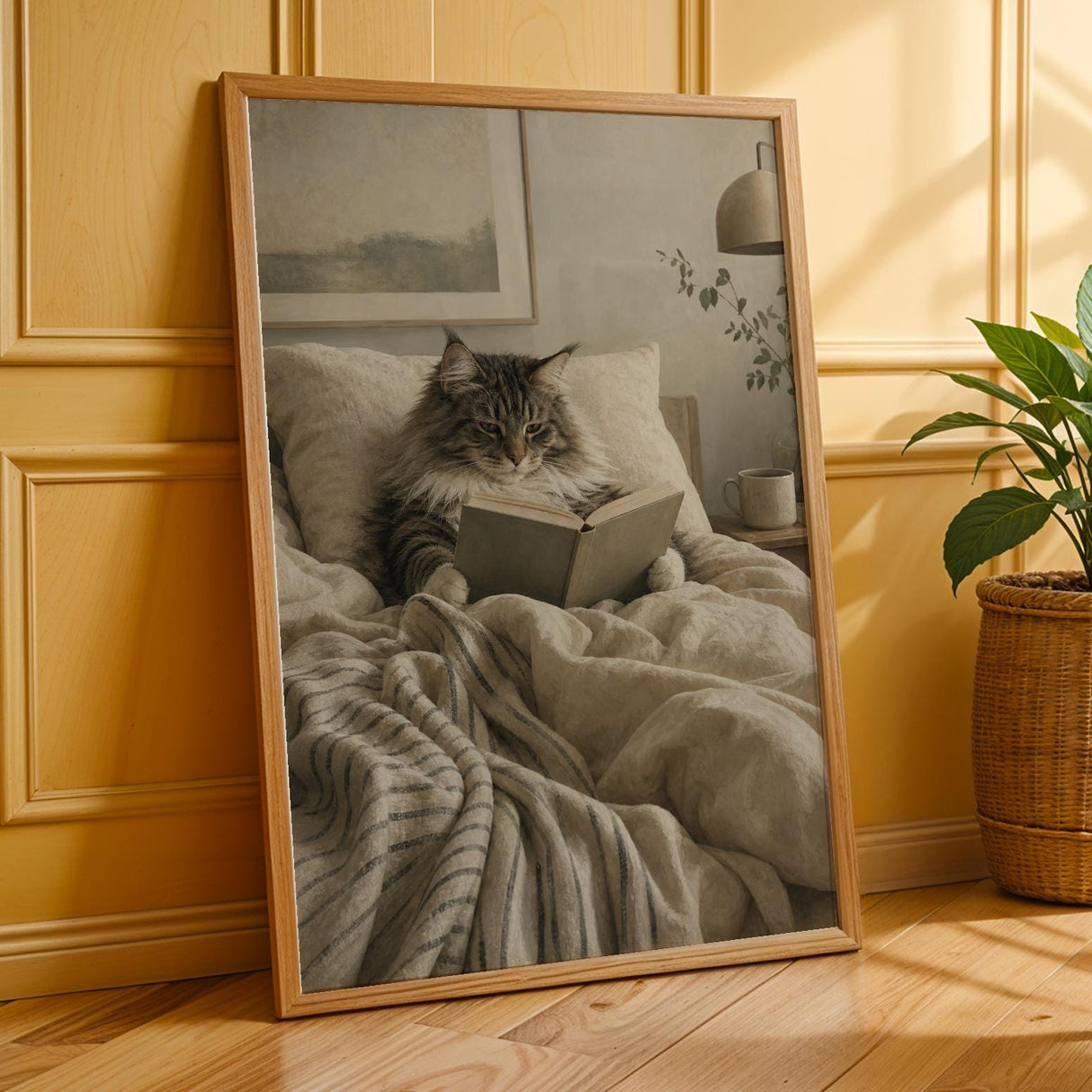 Additional product presentation of Norwegian Forest Cat Reading in Bed Poster.